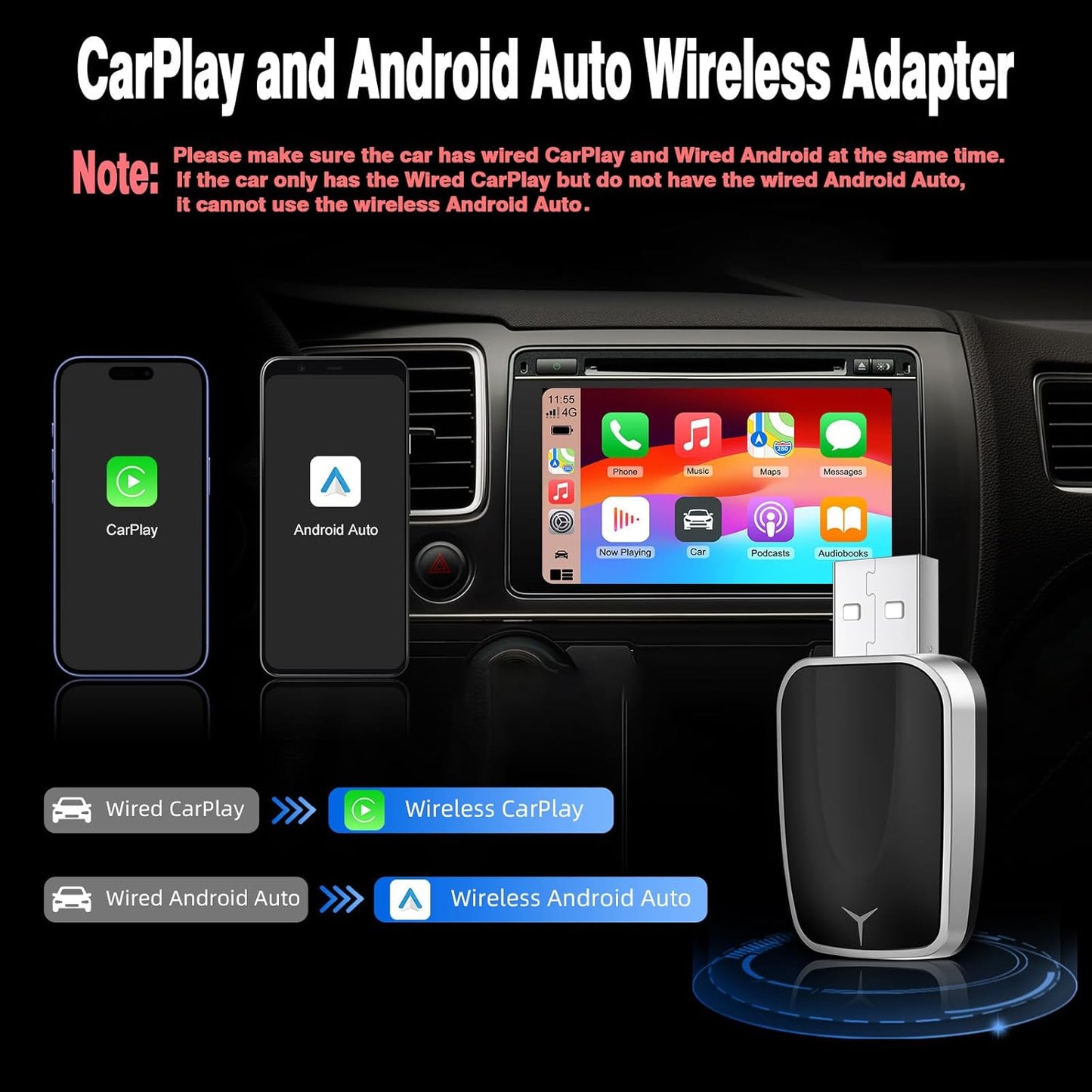 2-in-1 Wired to Wireless CarPlay Adapter